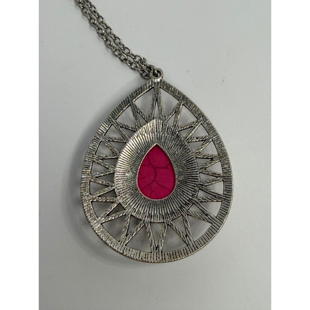 Boho Silver Tone Pink Faux Stone Teardrop Pendant Long Chain Necklace Statement - Picture 3 of 6